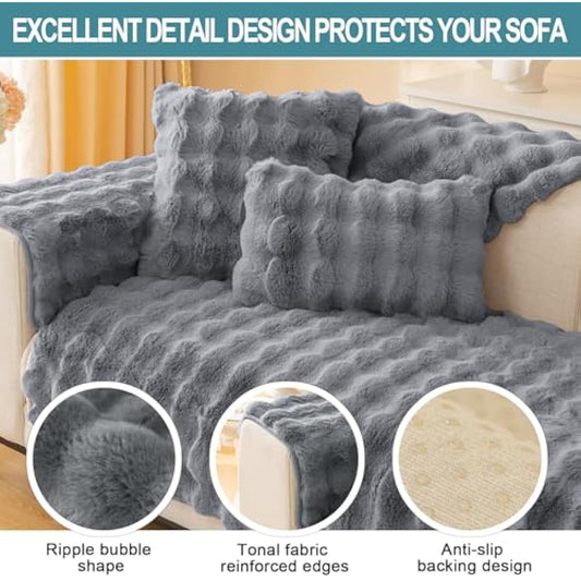 SHANNA Thick Rabbit Plush Sofa Cover 1 2 3 Seater, New Universal Non-Slip Corner Sofa Cover L Shape Super Soft Faux Fur Sofa Slipcovers for Living Room(Grey, 110 * 110cm Chaiselongue Cover)