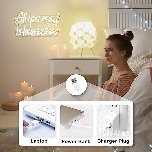 Looklight All You Need is Lashes Neon Sign Lashes Neon Signs for Wall Decor, Light up Signs Warm White Neon Sign USB Letter Neon Light Sign for Bedroom Beauty Girl Room Makeup Room Bar Party