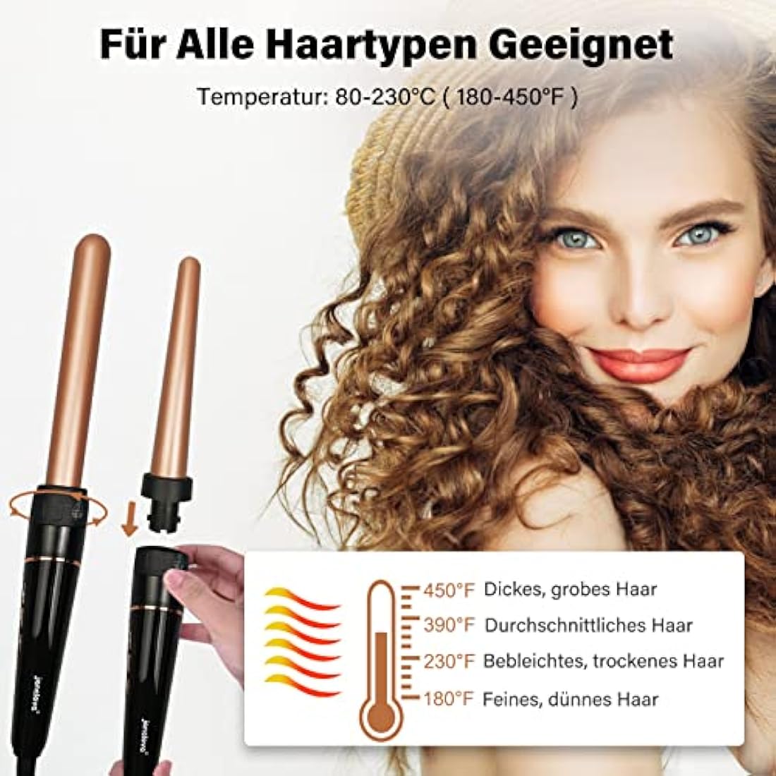 janelove Hair Curler, Curling Wand, with 3 Barrel Hair Waver, from 19 mm to 25mm Waver Curling Wand, LCD Display /180-450°F Temp Adjustment (Gold)