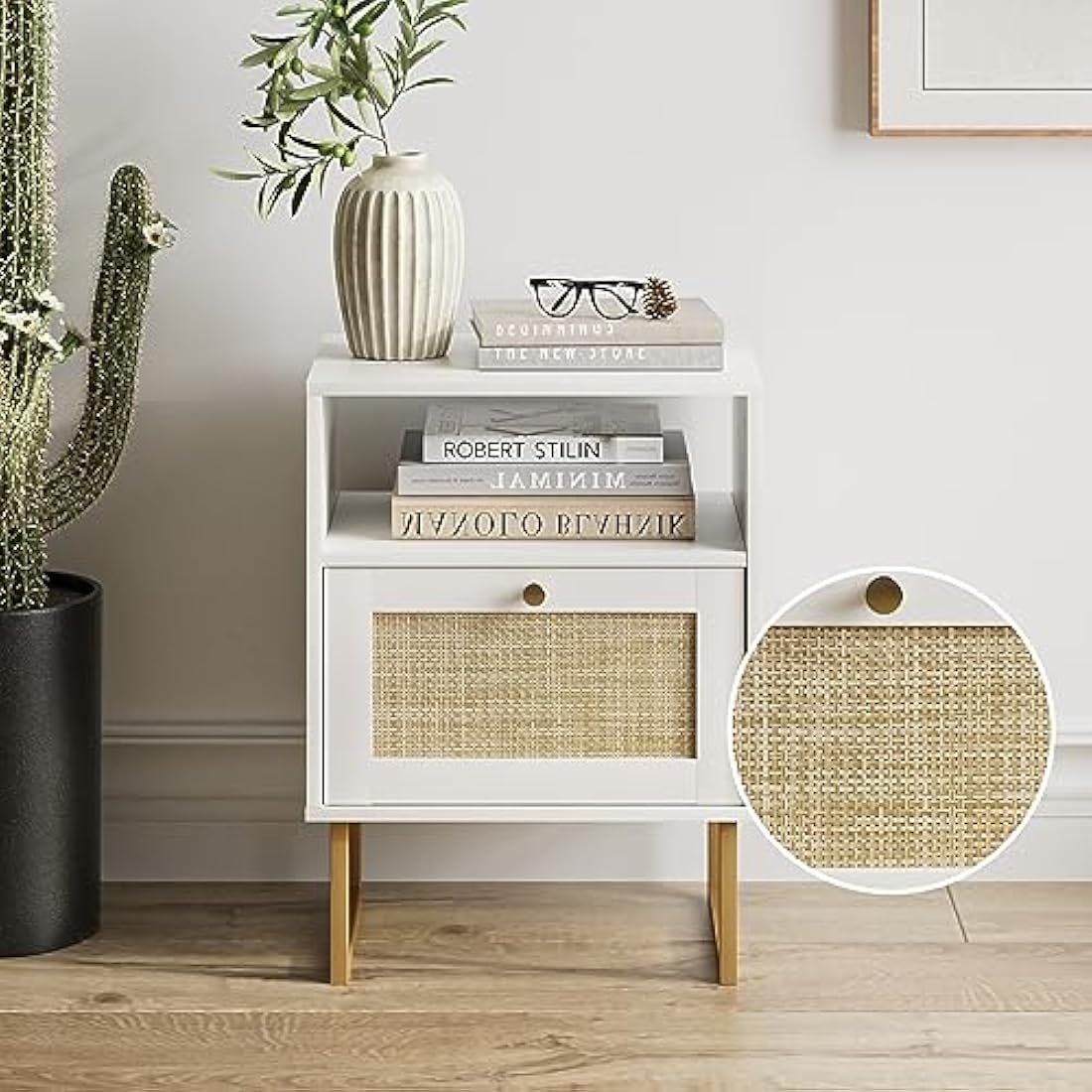 HEYZOEY Rattan Bedside Table,Modern Boho Farmhouse Wood Nightstand with Storage Drawer and Open Shelf,Small Gold Frame Side Table for Bedroom,Living Room,Office(White)