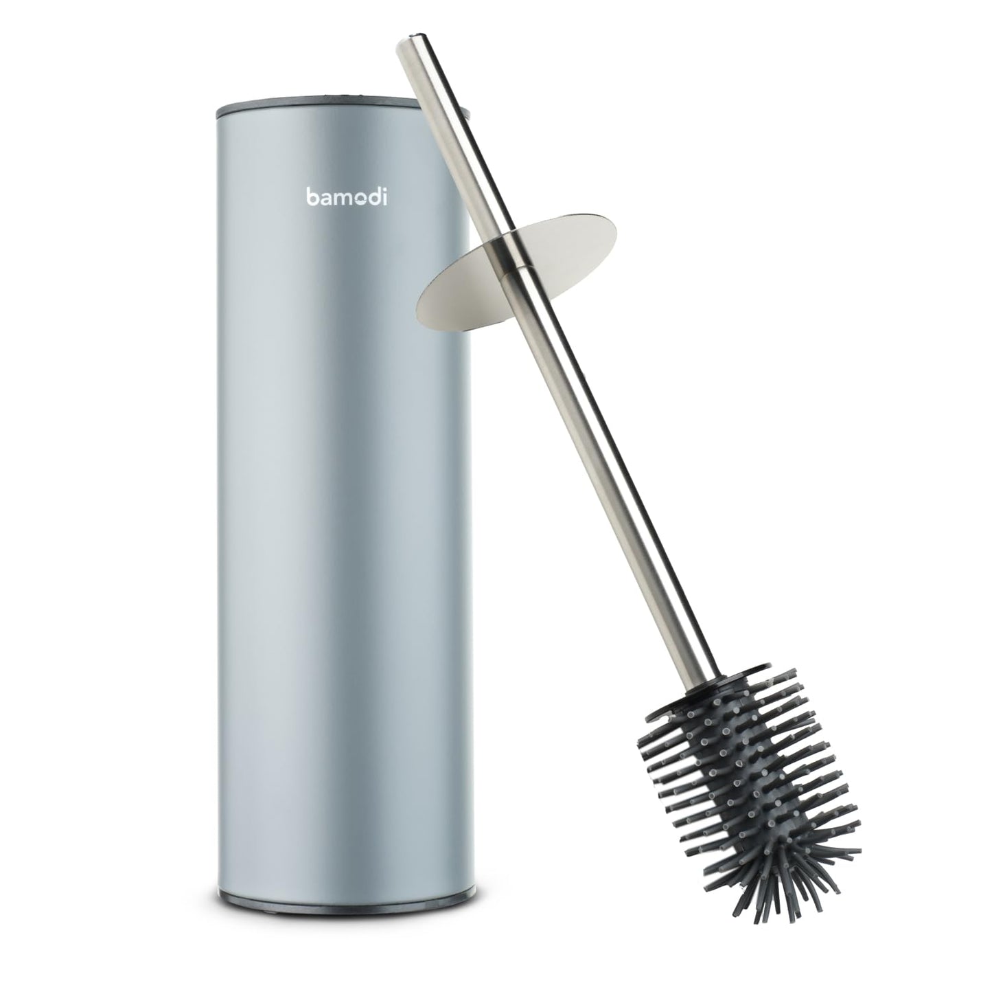 Bamodi Toilet Brushes Stainless Steel Toilet Brush & Holder - Silicone Brush Head with Container and Splash Guard - No Drilling - Modern Bathroom