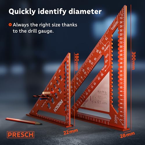Presch Carpenters Square Set | 180mm & 300mm | Innovative wipeable note surface | Smart drilling guide for exact diameters | High-precision milled aluminum for permanently accurate 90° angles