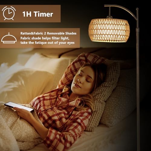 Rayofly Arc Floor Lamp for Living Room, Dimmable Floor Lamps with Remote Control, Boho Standing Lamp with Rattan & Linen Double Shades, Black Reading Tall Lamp for Bedroom Office, 9W LED Bulb Included
