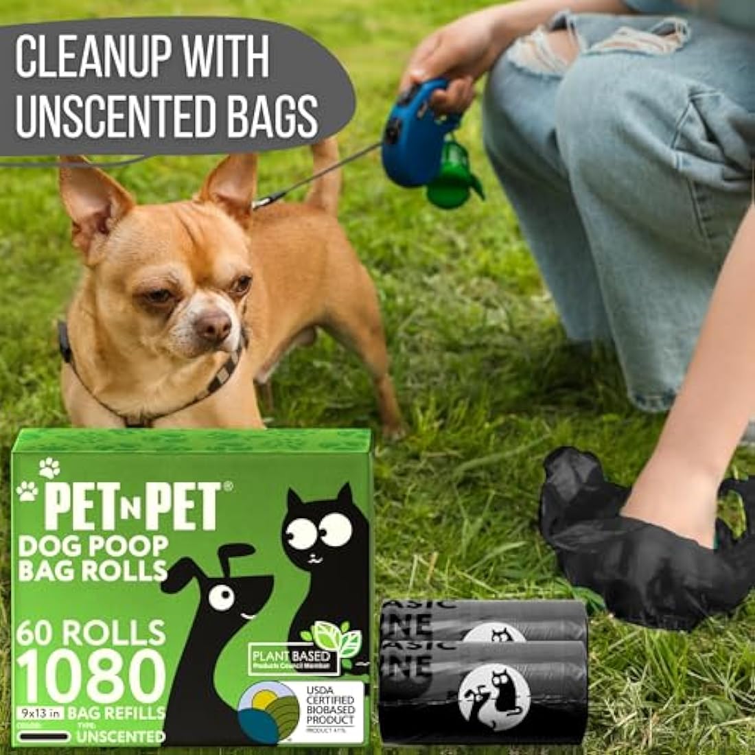 PET N PET 1080 Count Biodegradable Poo Bags Dogs USDA Certified 38 percent Biobased 72 Thick Dog Poop Bags Rolls 9x13 Leak-Proof Black Unscented