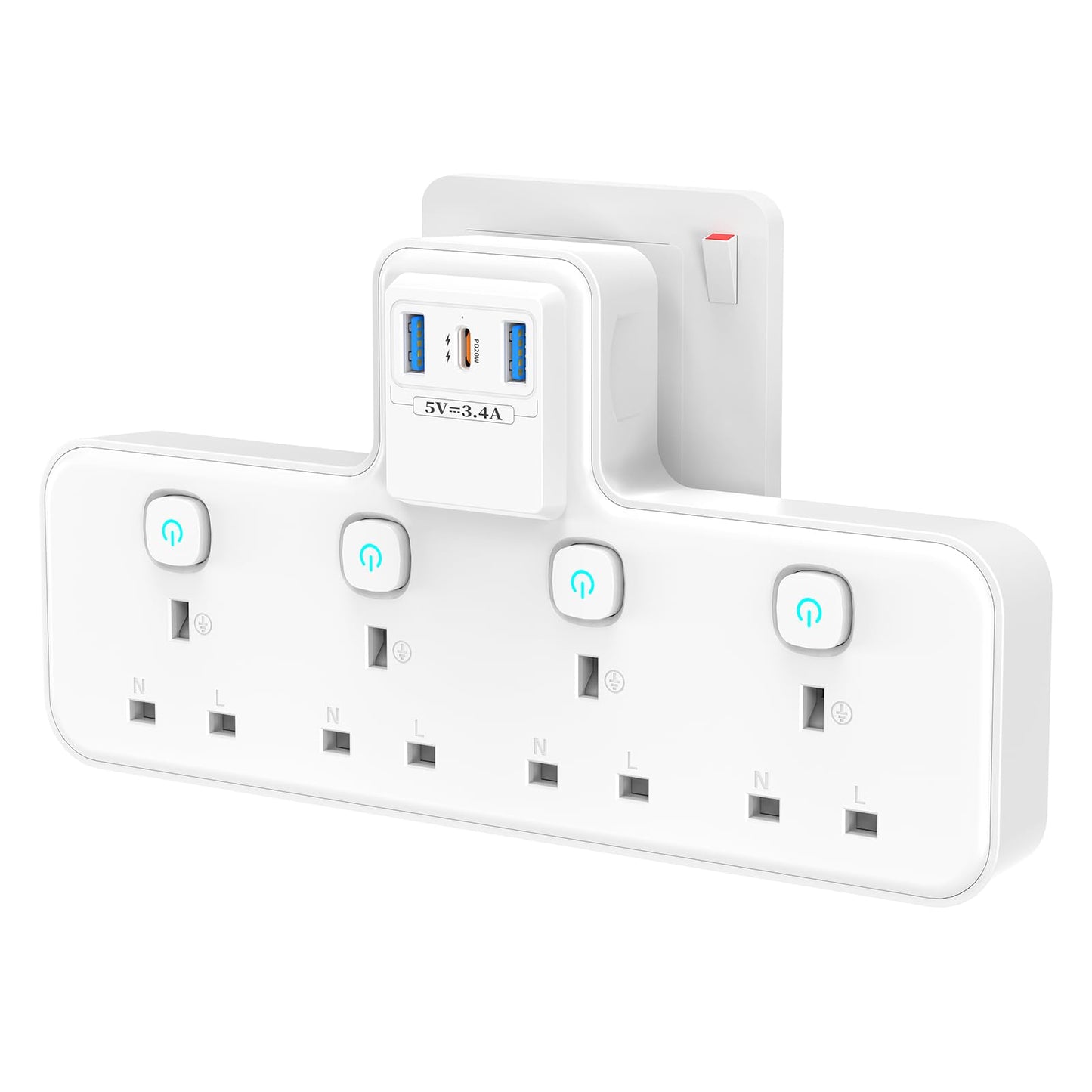 Plug Extension Socket with PD20W USB C Slot, 4 Way Multi Plug Adapter with Independent Switches 3 USB, PASSUS 13A 3250W UK Wall Adaptor Surge