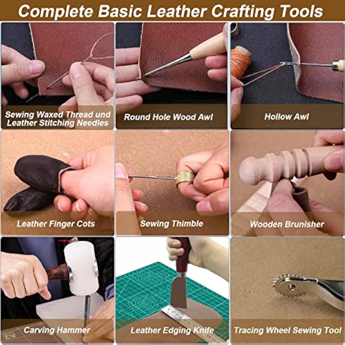 DIY Leather Craft Tools Kit Leather Kits Leather Craft Tools Set Leather Working Tools Incl Nylon Hammer Waxed Thread Stitching Groover Prong Punch Tools for Hand Leather Craft Making Sewing Stitching