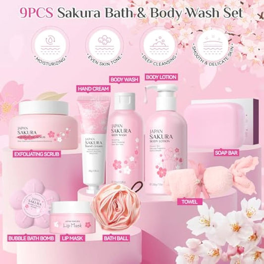 9 Pcs Bath Gift Sets, Pamper Gifts for Women, Sakura Bath Sets for Women Gifts with Body Wash, Lotion, Soap, Bath Bomb, Scrub, Hand Cream & Lip Mask, Home Spa Skincare Gift Set for Mom Teen Girls