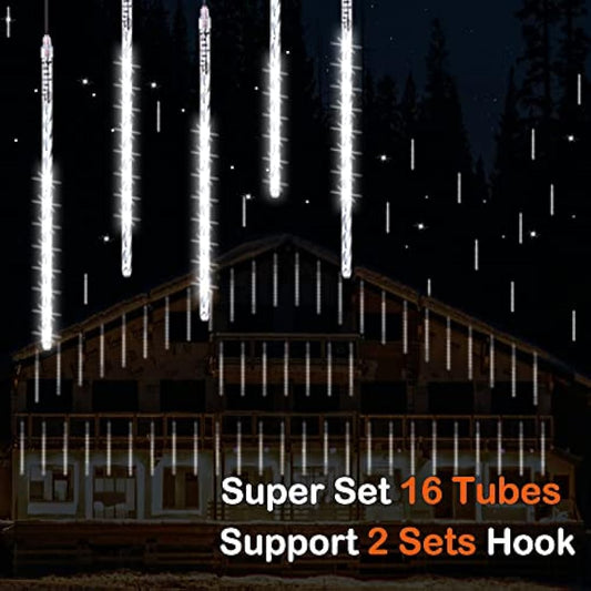 Vikdio Christmas Lights Outdoor, Meteor Shower Lights 16 Spiral Tubes 30cm 480 LEDs 5.25m Lit Length, Waterproof Snowfall Icicle Lights for Outdoor Xmas Decoration Party Tree Window (White)