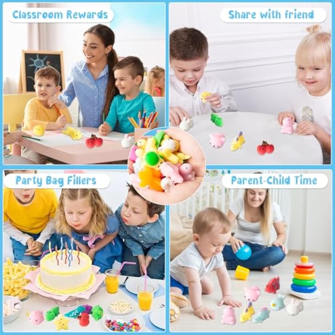 32Pcs Mochi Squishy Toys, Kawaii Animals Dinosaur Fruits Mini Squeeze Toys Pack, Soft Squishies Stress Relief Sensory Fidget Toys Party Bags Fillers for Kids Birthday Party Favors Gifts