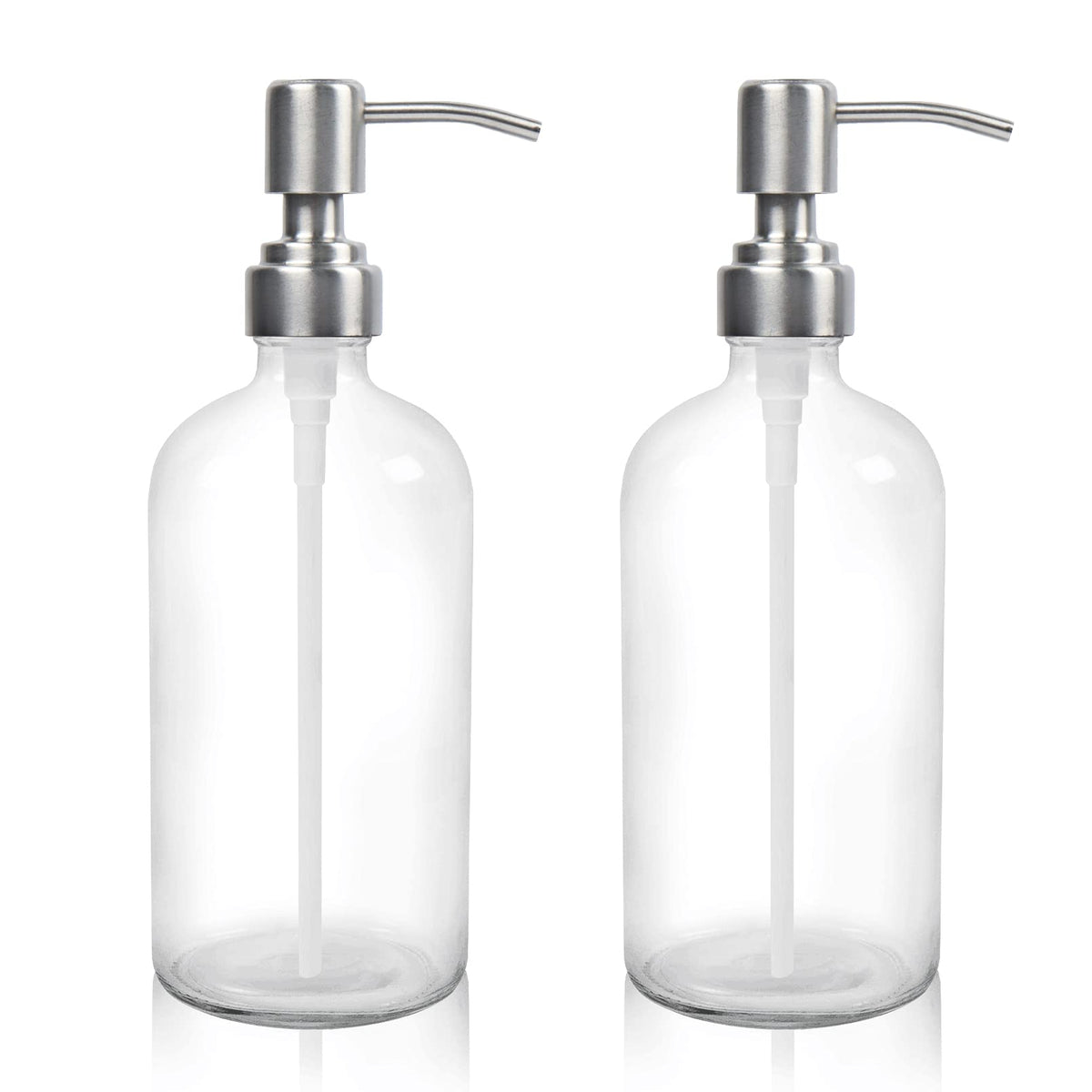 2 Pack Clear Glass Soap Dispenser Refillable Washing Up Liquid Soap Dispenser with Stainless Steel Pump for Bathroom Kitchen 17.5oz. Transparent