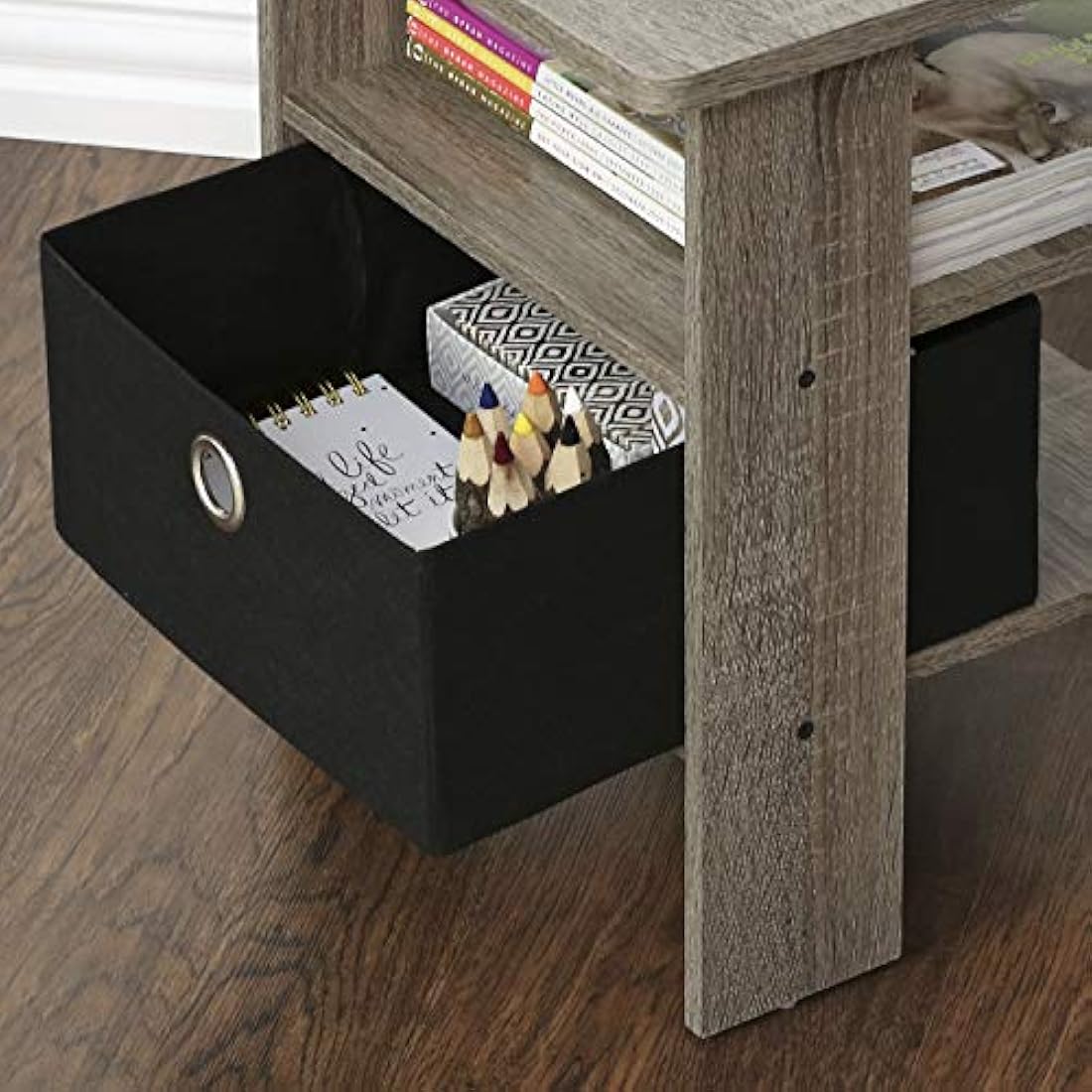 Furinno Andrey Side Table, Nightstand with Bin Drawer, French Oak/Black, Set of 2