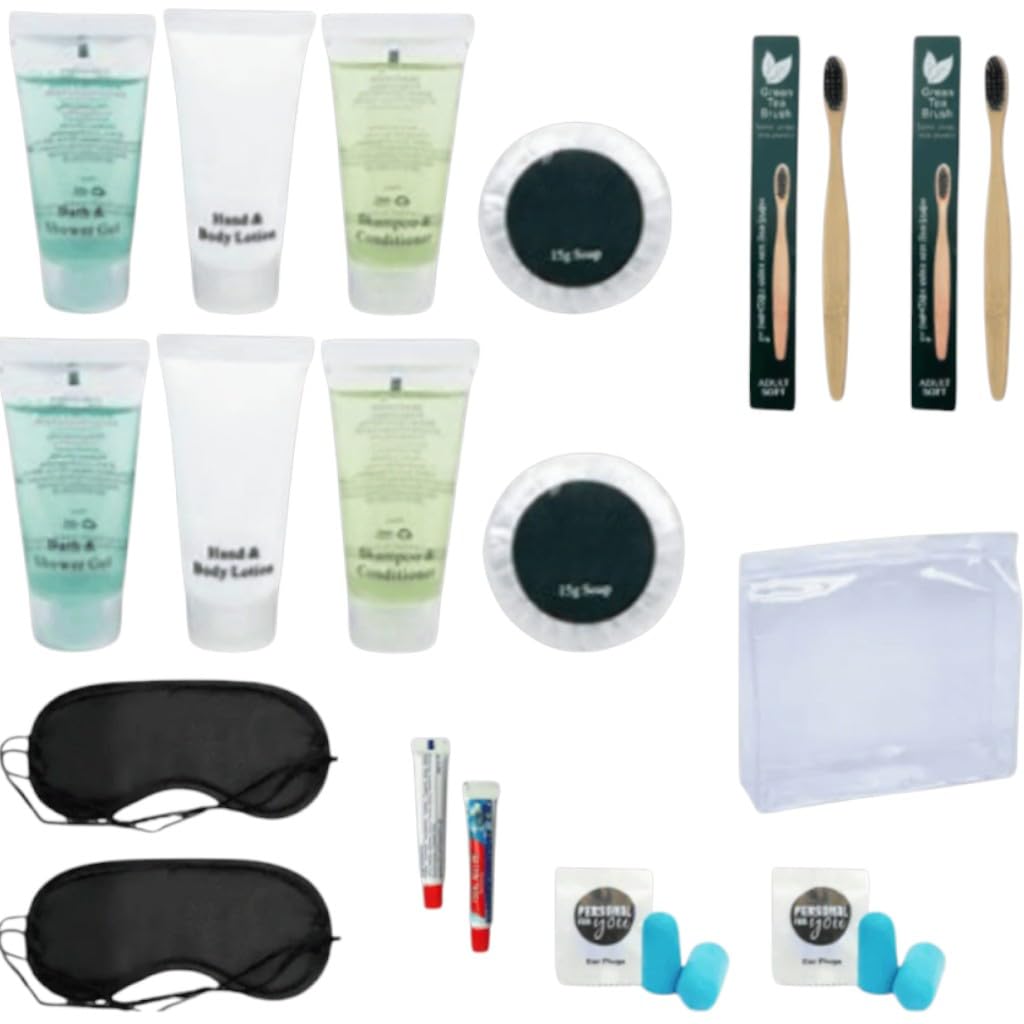 BoutiqueBF Travel Size Toiletry Set For Two-20ml Hotel Amenities Kit with Eye Mask and Ear Plugs, 17 Pieces and PVC Bag