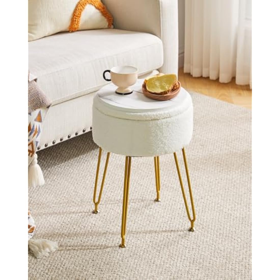 IBUYKE Teddy Velvet Storage Footrest Stool Ottoman, Makeup Vanity Stool Side Table with Removable Cover, Golden Steel Legs, Coffee Table Top Cover, White WBD010W