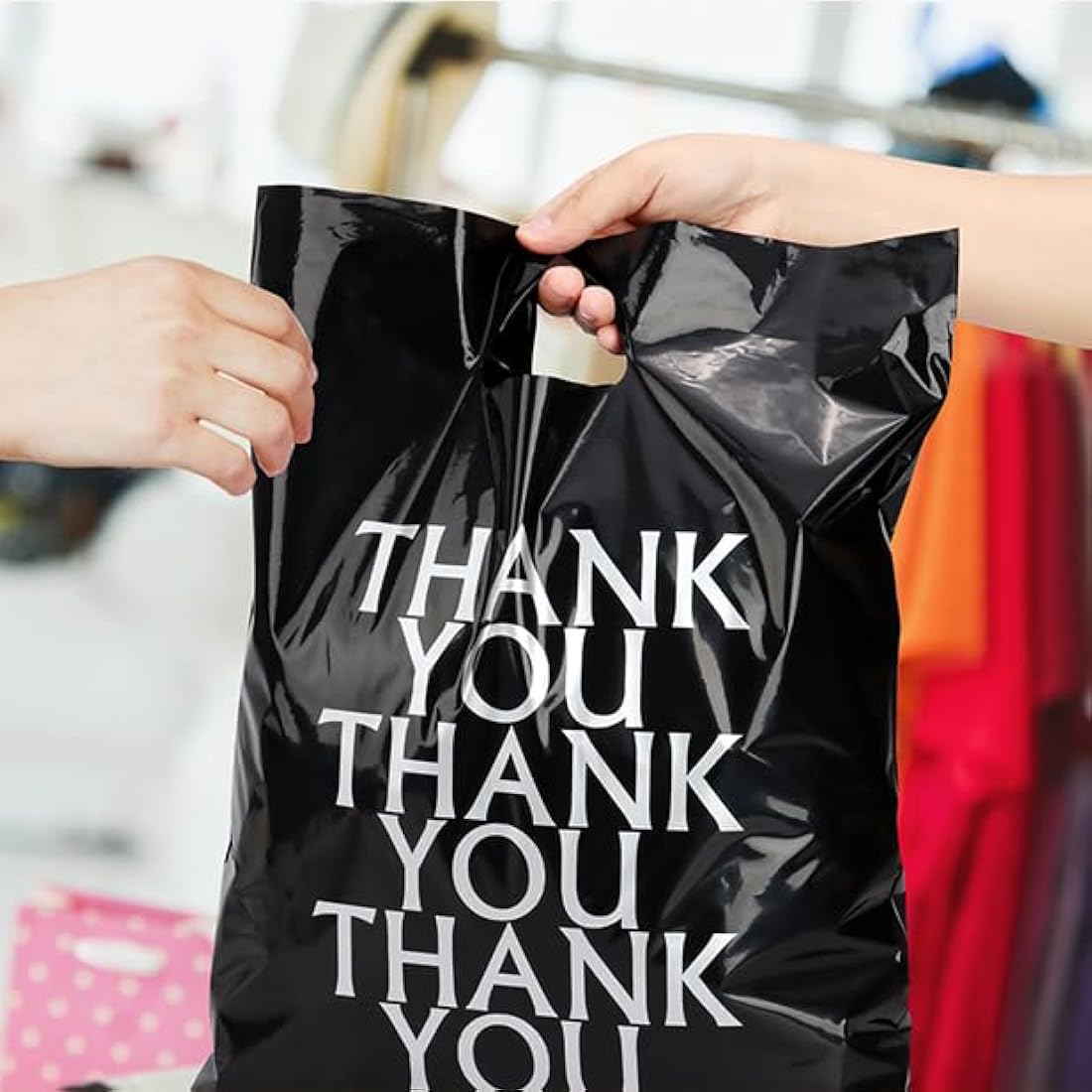 100 Pack Thank You Carrier Bags - 30x38cm Merchandise Retail Plastic Carrier Bags with Handles for Shopping, Gifts, Boutique, Stores, Business, Market Stall, Trade Shows, Wholesale (Black+ White)
