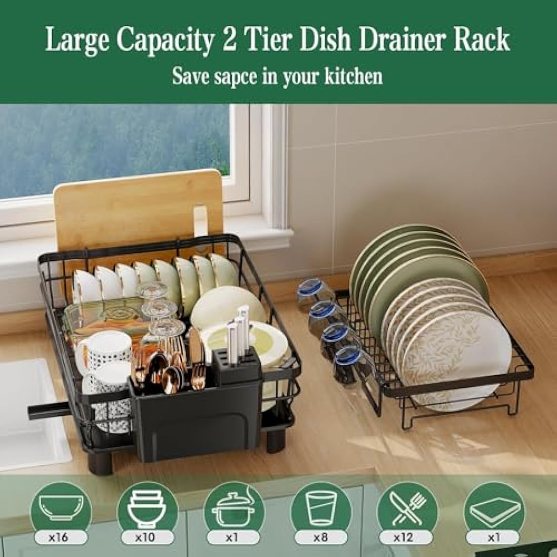2 Tier Dish Drainer Rack for Kitchen with Drip Tray, Sink Drainer with 360° Swivel Drainage Spout, Dish Drying with Cups, Utensil & Cutting Board Holders for Kitchen Counter Space-Saving, Black
