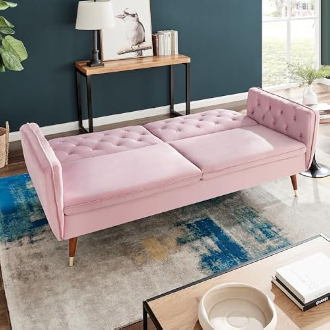Bravich 'Victoria' 3 Triple Seater Velvet Fabric Sofa Bed- Rose Click Clack Mechanism Sofa Bed With Gold Accent Legs. Living Room Furniture For Adult Guest Bed. Comfy Living Settee Couch Futon