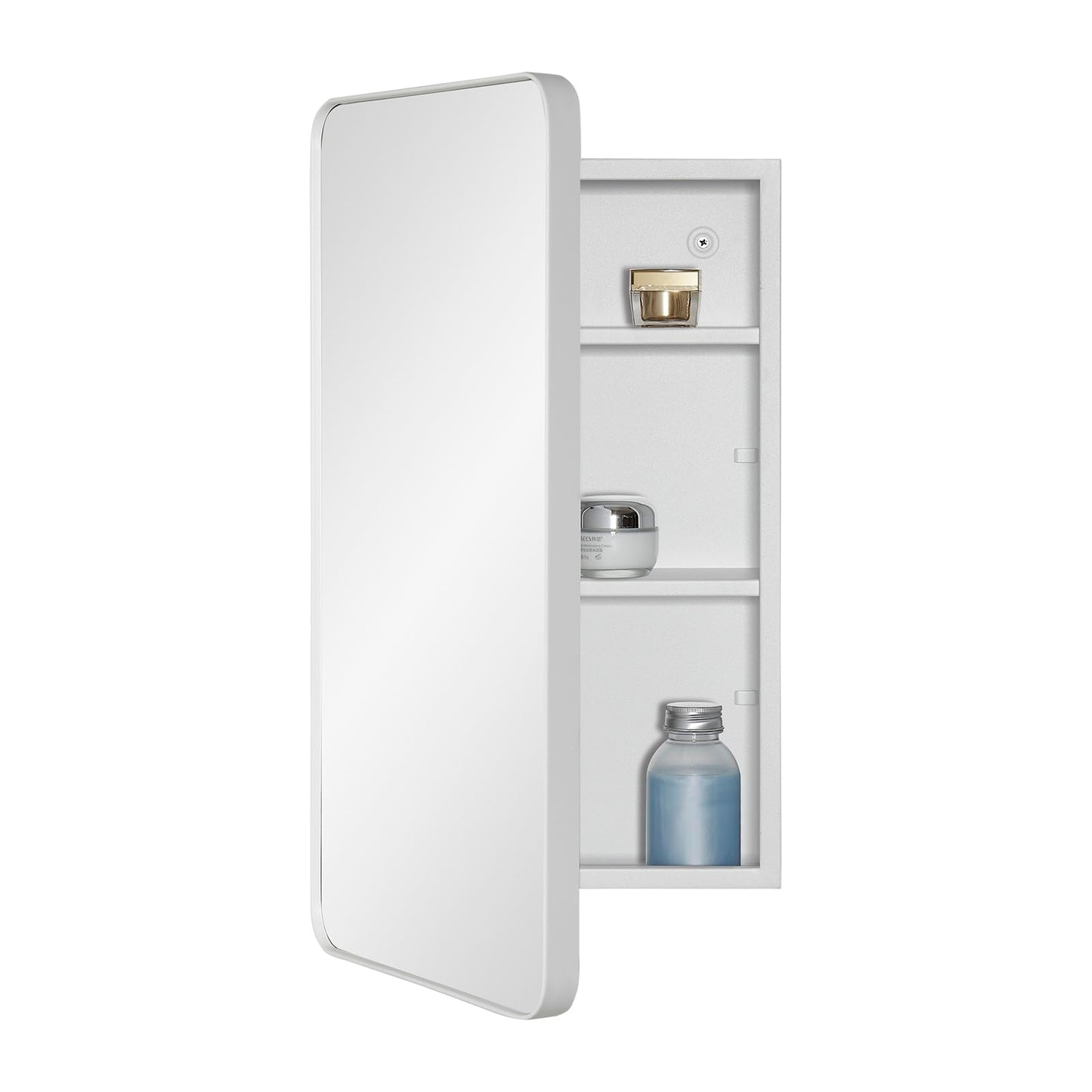 Fundin Bathroom Mirror Cabinet with Storage ? Metal Framed Round Corner Door, Adjustable Shelves, Matte White, Surface Mount Wall Mounted - 30 x 55 cm