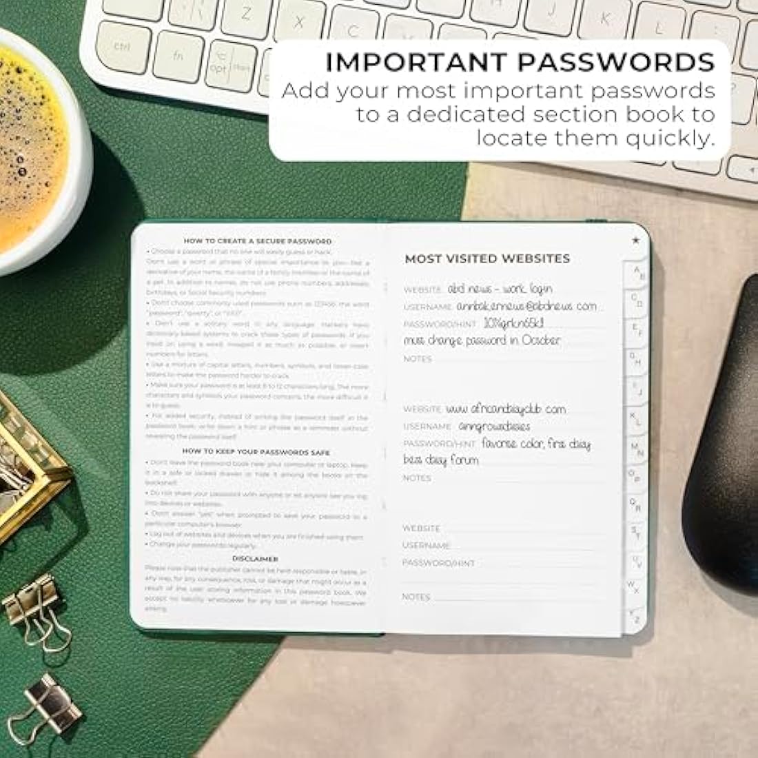 Clever Fox Password Book 2nd Edition Small – Pocket Password Keeper with Laminated Alphabetical Tabs – Internet Address Notebook & Login Details Organizer Journal – 8.9x14.2cm (Aquamarine)