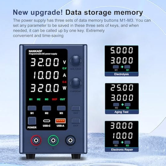 DC Power Supply 0-32V 0-10A, Lab DC Power Supply Variable with Memory Storage, Bench Power Supply with Encoder Adjustment & USB-A/Type-C Fast Charging Interface