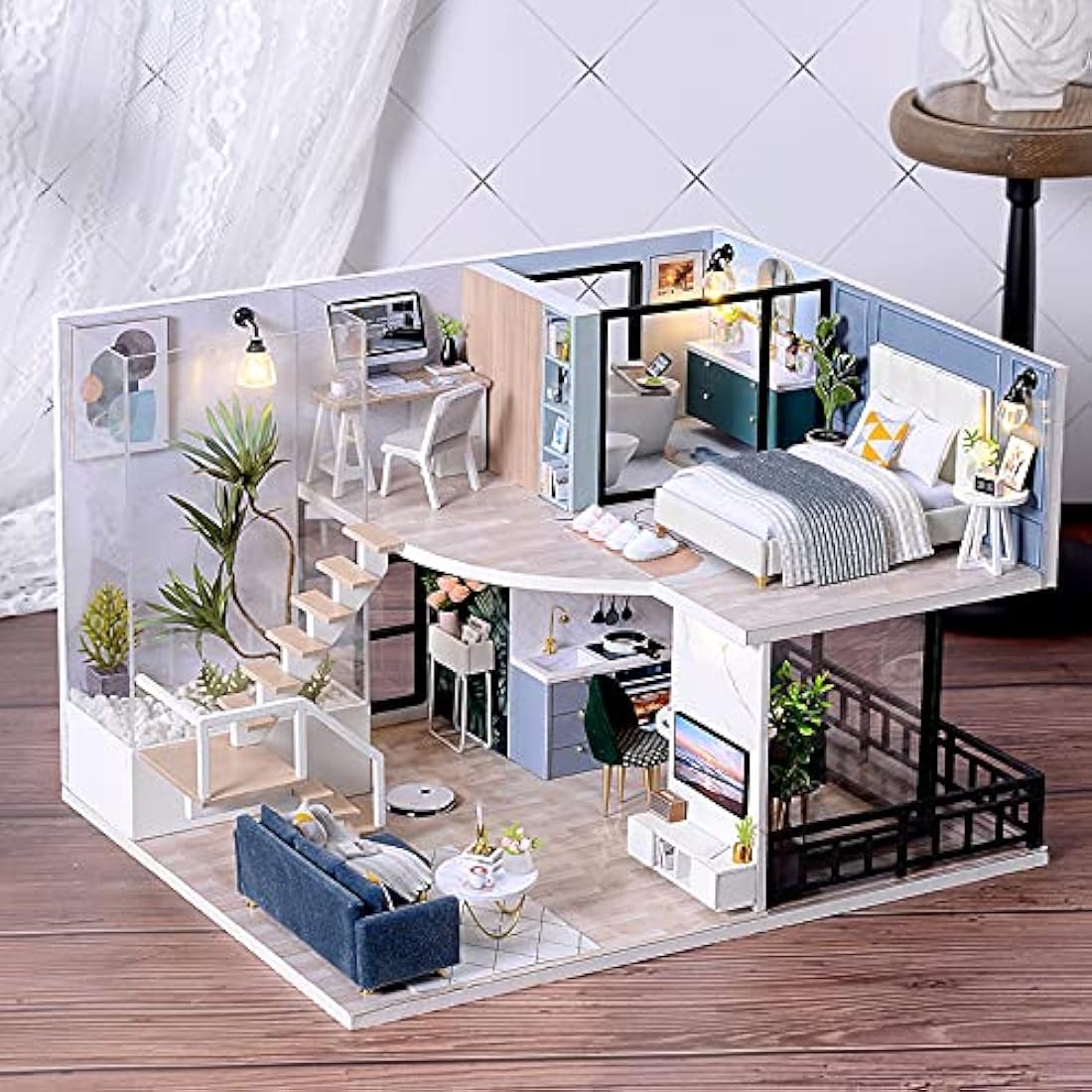 CUTEBEE Dollhouse Miniature with Furniture, DIY Wooden DollHouse Kit Plus Dust Proof and Music Movement, 1:24 Scale Creative Room Idea-L32