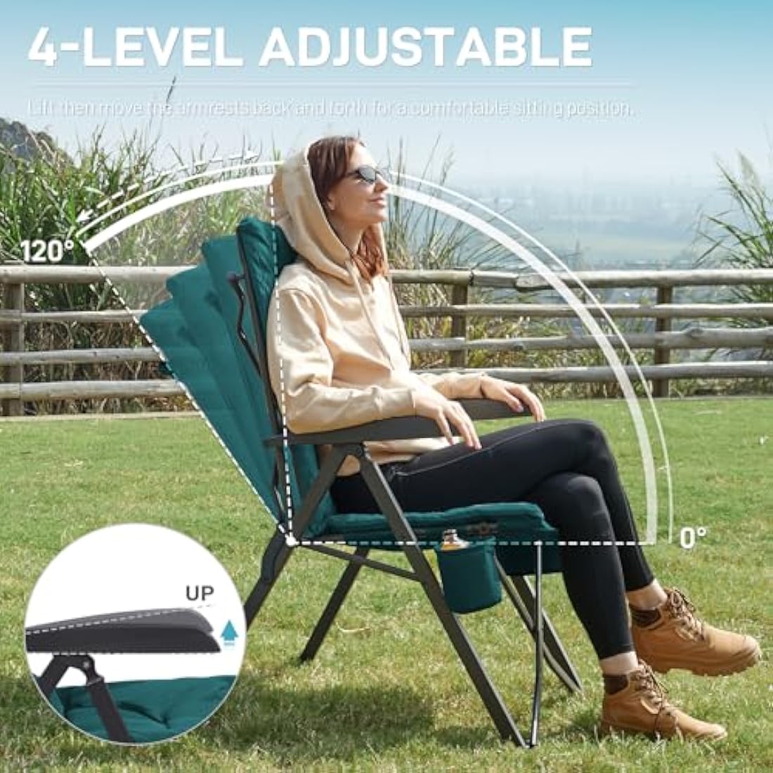 EVER ADVANCED Luxury Camping Chairs 2 Set for Adults Heavy Duty High Back Oversized Folding Garden Chair Comfy Padded 6cm Loadable 150kg Cam Adjustable Dining Chairs 4-Position Recliner Green