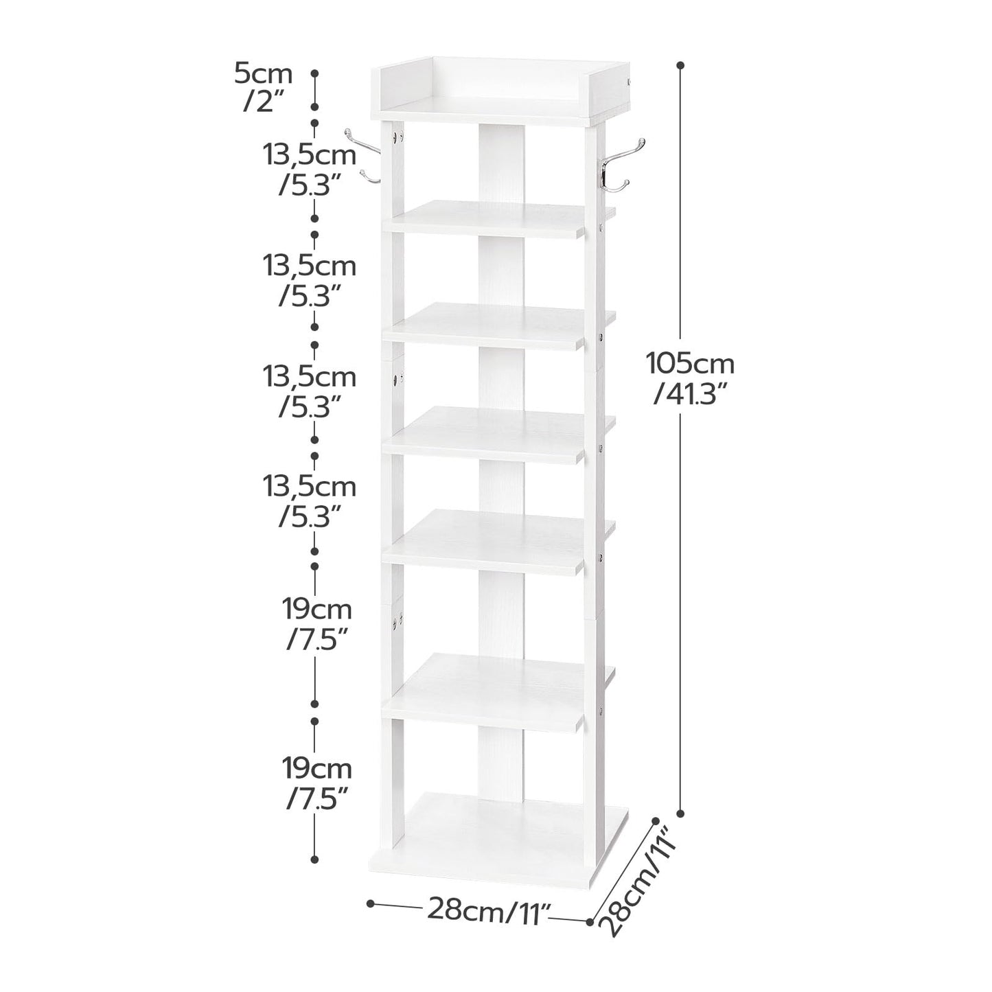 HOOBRO Vertical Shoe Rack, 7 Tier Shoe Storage Organizer with Hooks, Narrow Shoe Rack for 7 Pairs, Space Saving, Stable and Strong, for Entryway