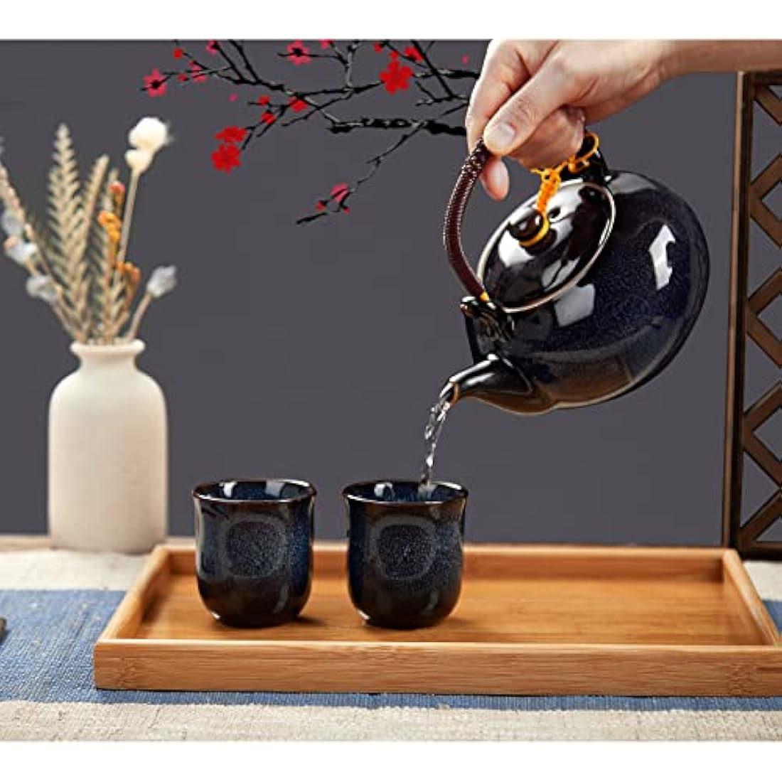 DUJUST Japanese Porcelain Tea Set for 6, Kiln Altered Glaze Teapot & Cups, Unique Adult Gift, Dark Blue