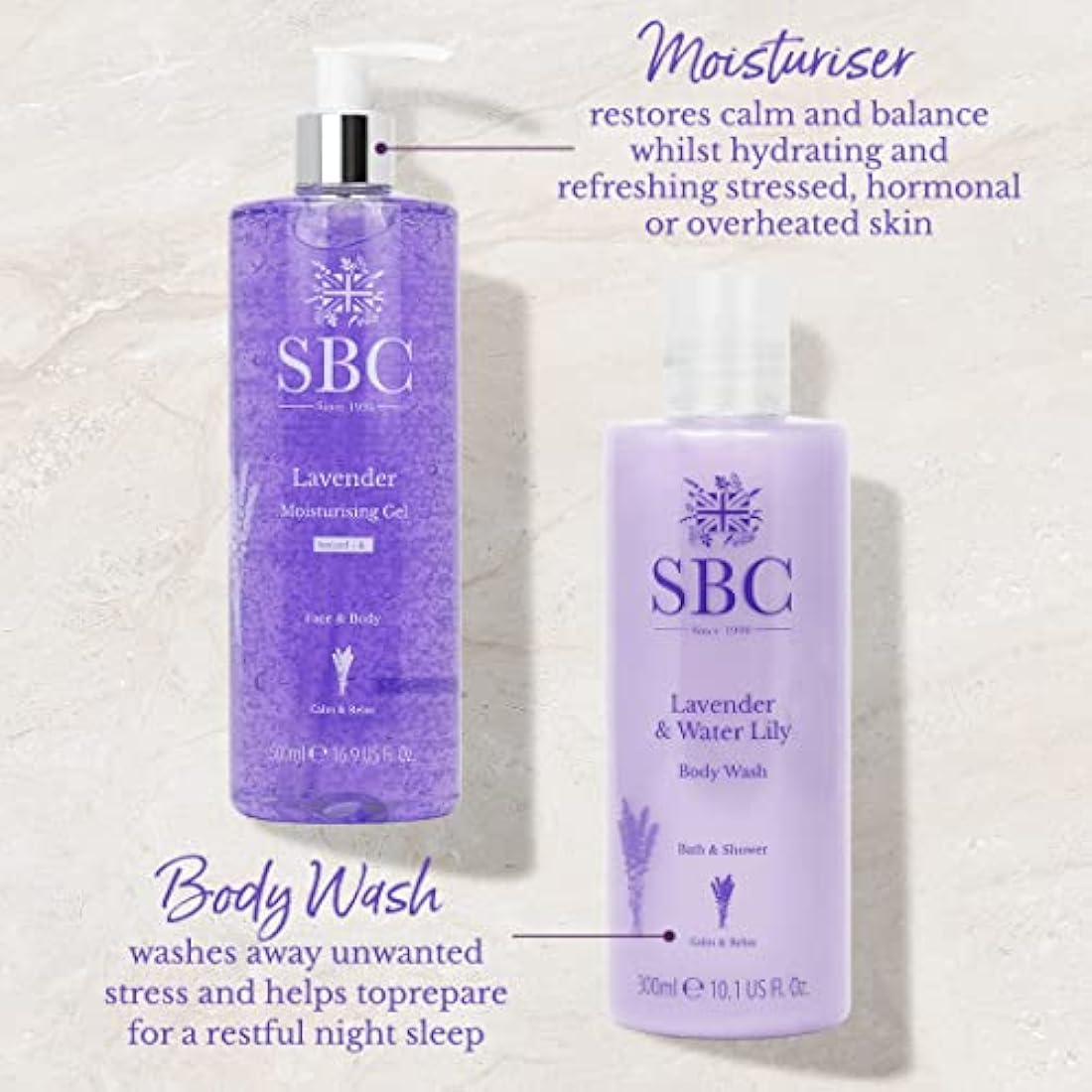 SBC Skincare Lavender Moisturising Gel - 500ml | Lavender Moisturiser For Face And Body | Lavender Body Lotion | Vegan Friendly Gel With Lavender Oil | Cooling After Sun Gel