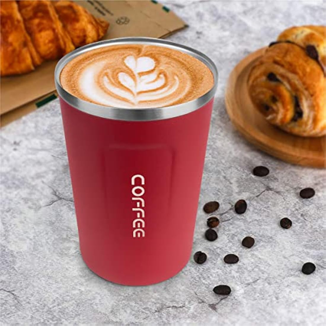 MOMSIV Coffee Cup, 380ml Stainless Steel Coffee Mug with Leak-Proof Lid, Insulated Vacuum Leakproof Travel Mug, Double-Walled Insulated Car Mug for Coffee, Tea Water (Red)