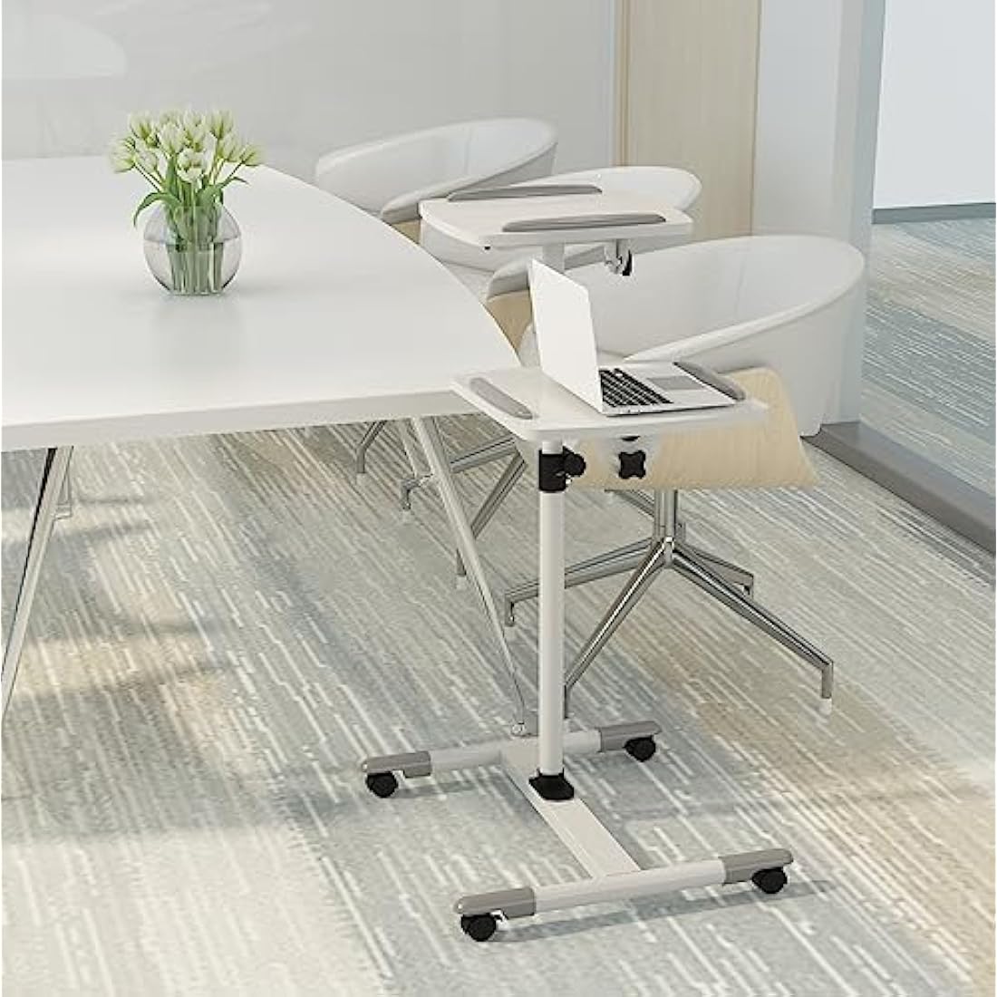 Properav Mobile Desk Workstation & Projector Trolley - White | Moveable On Caster Wheels | Adjustable Height 850-1100mm | 10kg Capacity | For Laptop, Projector, Consoles & More