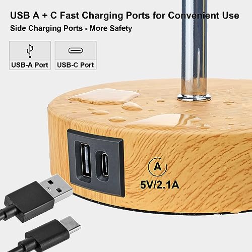 Wondlumi Bedside Lamps Set of 2, Modern Table Lamp with Type C & USB A Charging Ports, 3 Way Dimmable Table Light with Yellow Kraft Lampshade for