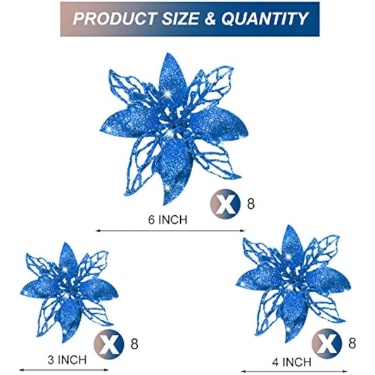 24 Pieces Christmas Glitter Artificial Poinsettia Flowers Christmas Flowers Decorations Wedding Xmas Tree New Year Ornaments (Blue)