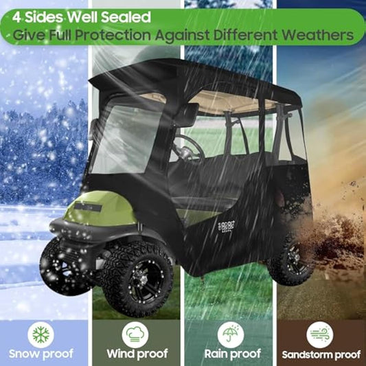 10L0L Golf Cart Deluxe Enclosure for 2 Passenger Club Car Precedent & Temo,600D Windproof Waterproof 4-Sided Protection Golf Buggy Keep Warm Cover Driving Enclosure,Roof up to 59" L(Black)