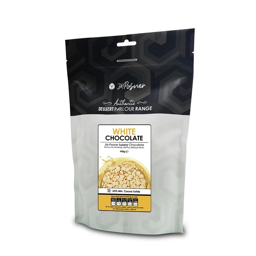 JM Posner White Chocolate Chips for Baking Chocolate Fountains, No Oil Required, Natural Vanilla Flavour, 900 Grams Bag, Mini Chip Form, 33% Cocoa