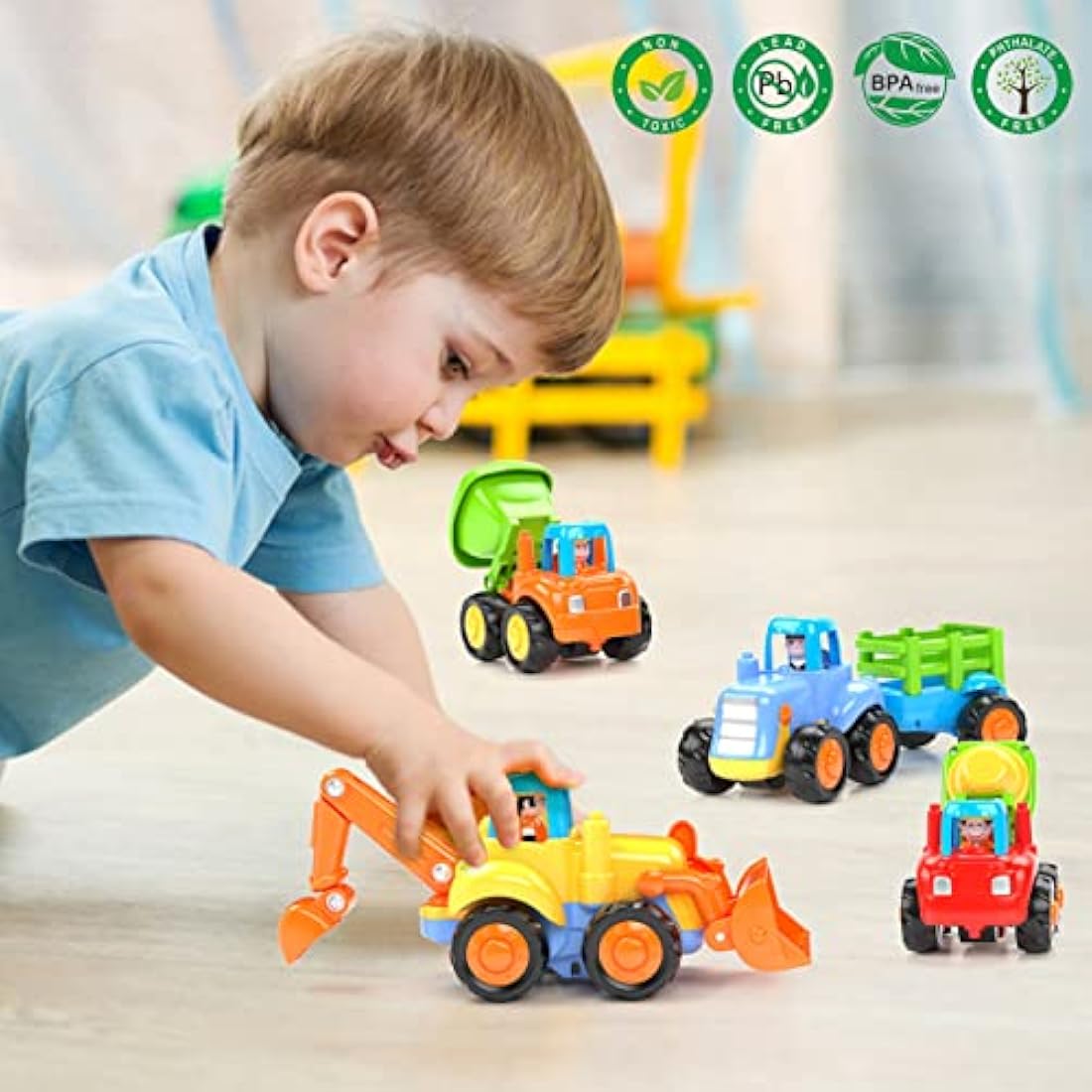 HOLA Toys for 1 Year Old Boys Gifts, 4 Pack Friction Power Kids Digger Trucks Toy Cars for 1+ 2 Year Olds, Early Education Construction Vehicles Toddler Baby Kids Toys for 3 Year Old Boys