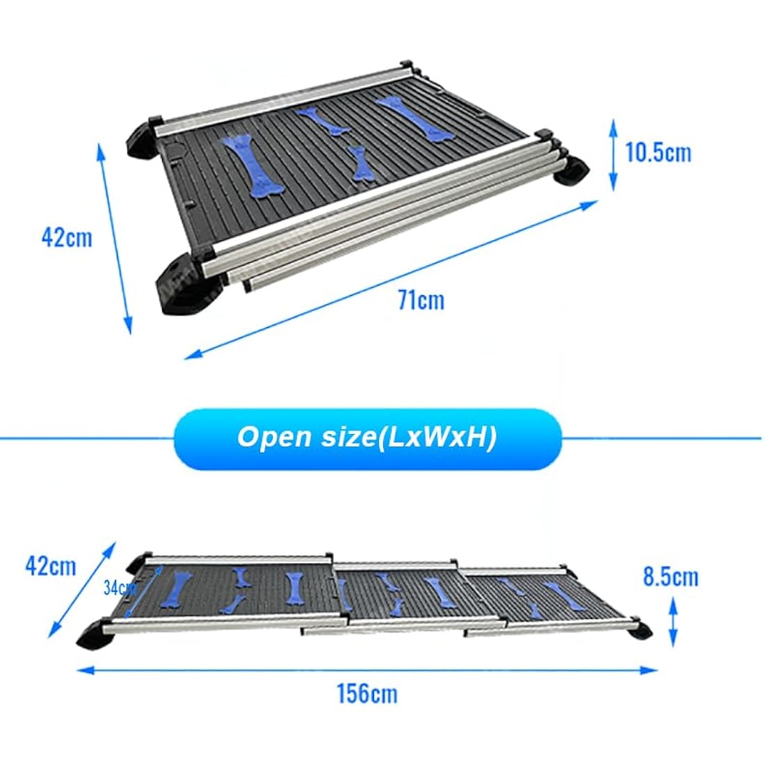KATSU Tools Dog Ramp, 150lbs Loading Capacity, Aluminum Alloy Portable Foldable Lightweight Anti-Slip Ramp, 71-156cm, Black/Silver 699900