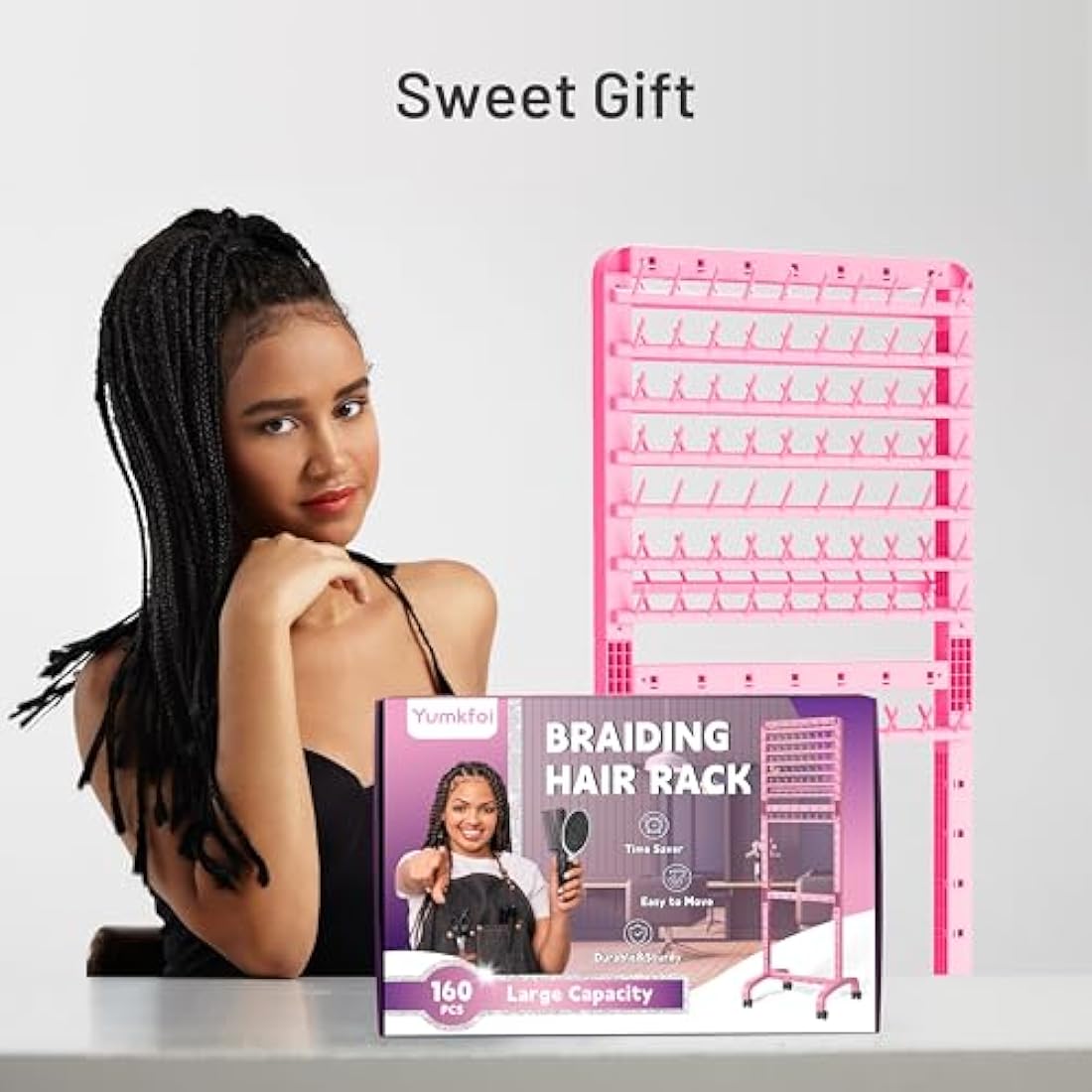 Adjustable Braiding Hair Rack with 160 Pegs, 2-sided Braid Rack for Braiding Hair, Movable Hair Racks for Braiders Standing with Wheels, Hair Extension Holder for Braiders, Hairstylists