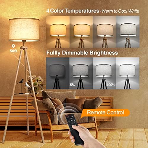 OUTON Solid Wooden Tripod Floor Lamp, Bulb Included, Standing Lamp with Remote Control, Dimmable & 4 Color Temperatures, 1H Timer, Floor Lamp with Storage Shelf Linen Shade for Living Room Bedroom