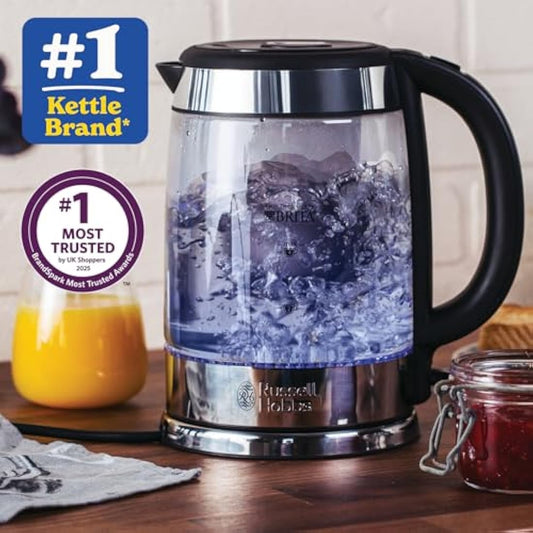 Russell Hobbs Brita Filter Purity Glass 1.5L Electric Cordless Kettle for cleaner, clearer water (Brita Maxtra+ Cartridge inc with replacement reminder, Fast boil 3KW, Perfect pour spout) 20760-10