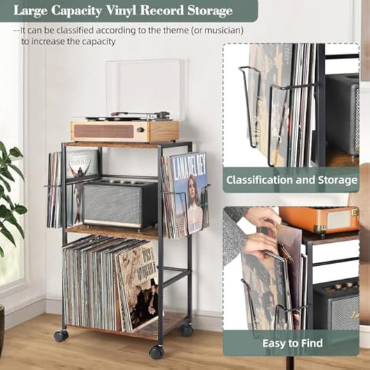 Bikoney Vinyl Record Storage, Rolling Side Table with Player Stand, Large End Table Cart Up to 150 Albums, Turntable Holder with 2 Display - Vinyl Storage for Living Room Bedroom Office