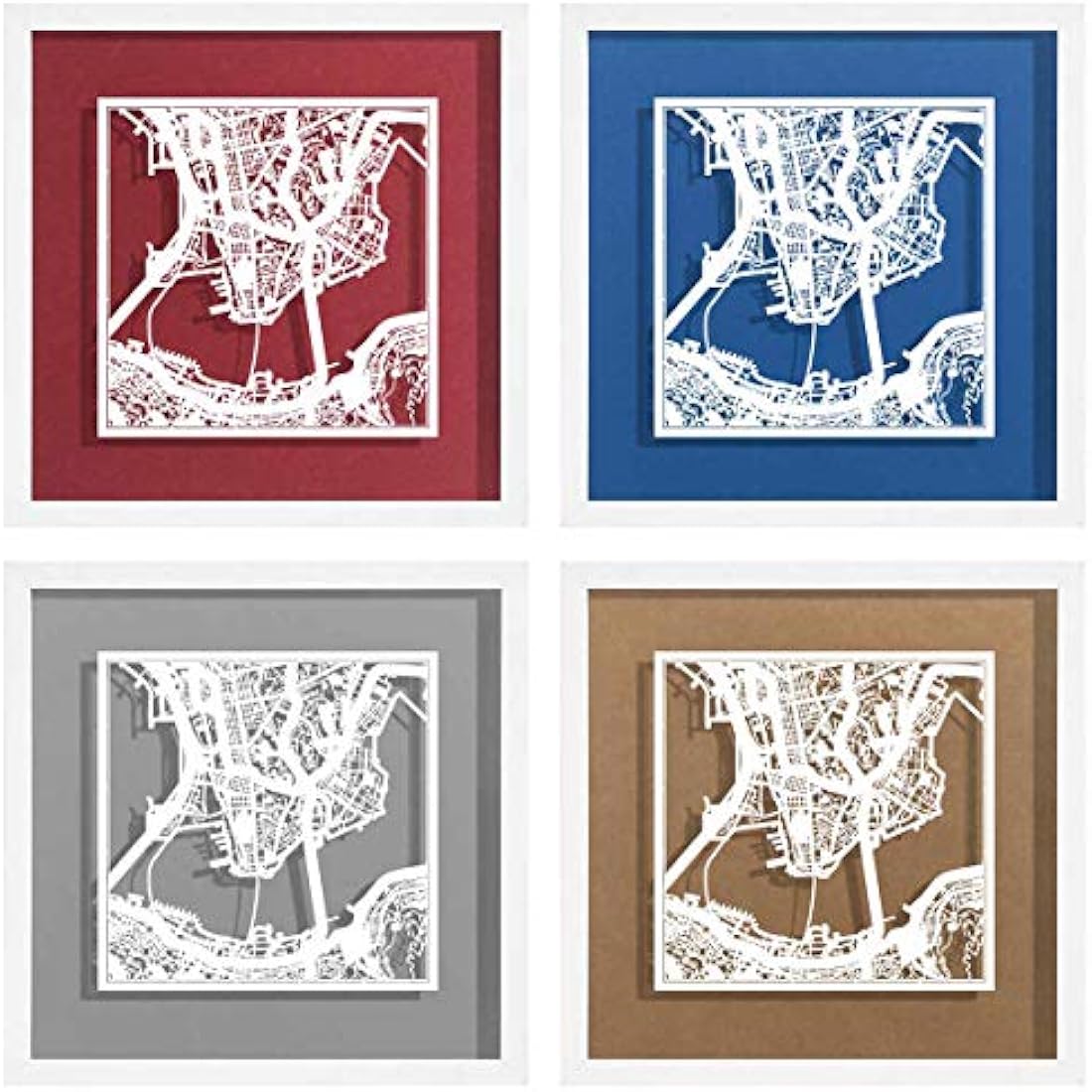 O3 DESIGN STUDIO Hong Kong Paper Cut Map framed, White map, White frame, 9x9 inches, Gift Boxed, 4 background color, self-changing, Paper Art