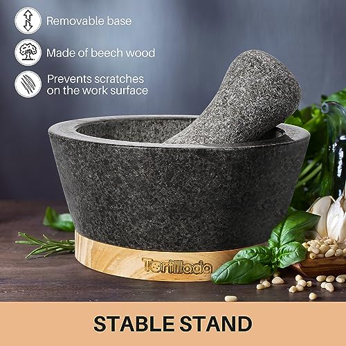 Tortillada β 16 cm Mortar and Pestle Set Large Made of Natural Granite with Anti-Scratch Wood Base Granite Spice Herb Grinder Pill Crusher with 50 Recipes, Black