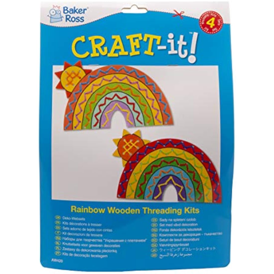 Baker Ross AW420 Rainbow Wooden Threading Kits, Sewing Kits for Kids, Small, Pack of 4, Pieces