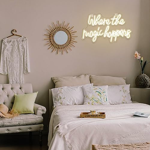 Where The Magic Happens Neon Signs Led White Word Light Up Signs for Wall USB Powered Letter Neon Light Signs Night Light for Bedroom Wedding Birthday Decor Girl Gift