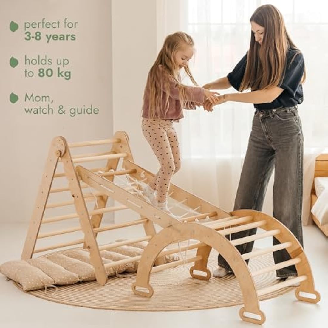 5-in-1 Indoor Climbing Frame for Toddlers - Wooden Triangle, Arch & Climbing Ramp & Net & Cushion, Montessori Climbing Frame, Kids Wooden Gym, Foldable Climbing Toys for Kids 1-5 Age