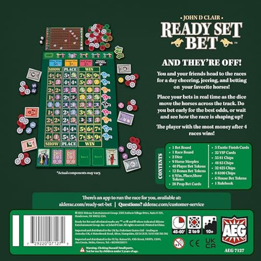 Alderac Entertainment Group | Ready Set Bet Board Game in English for All Family | Dice Rolling Party game for 2-9 Players | Horse Betting Game | Player with the Most Money Wins