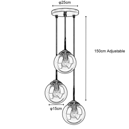 MZStech Industrial Retro Loft 3 Way Pendant Light, Cluster Chandelier Hanging Lamp Fixture Brass Fittings with Glass Globe Lampshade (Amber)