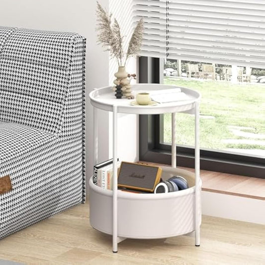 Side Table, Round End Table with Fabric Basket, Small Bedside Table, Nightstand Sofa Table for Living Room, Bedroom, Bathroom, Balcony, Modern Style (White)