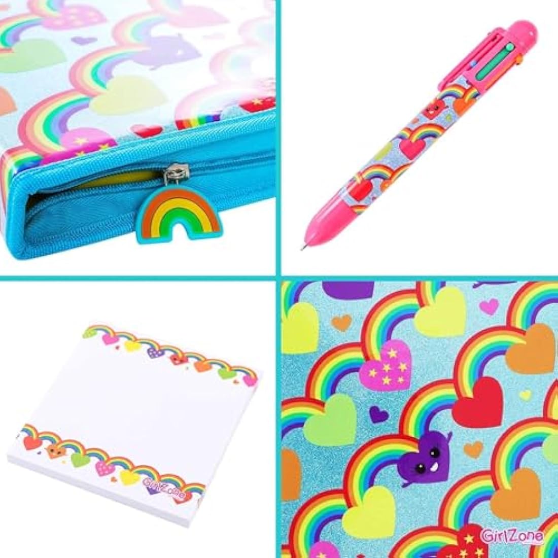 GirlZone 43-Piece Rainbow Stationery Set for Girls, Jumbo Rainbow Arts & Crafts Filled Stationery Pencil Case for Girls, Art Case for Toddlers, Kids, Teens & Teachers