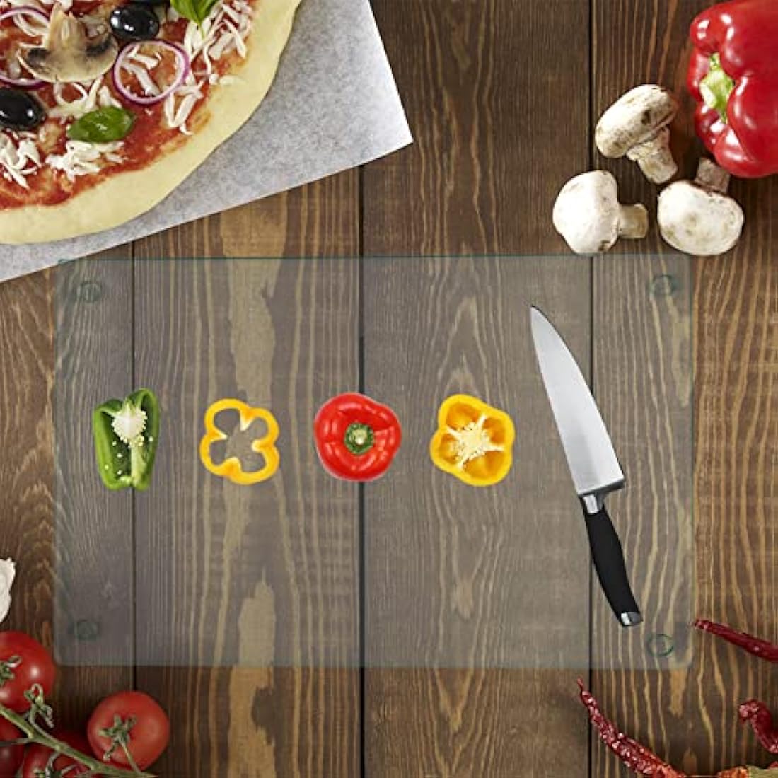 Hacaroa 4 Pack Tempered Glass Cutting Board with Rubber Feet, Rectangle Non-Slip Chopping Board, Long Lasting Clear Glass Tray for Kitchen Countertop, Table, Shatter-Resistant, Heat-Resistant, 2 Size